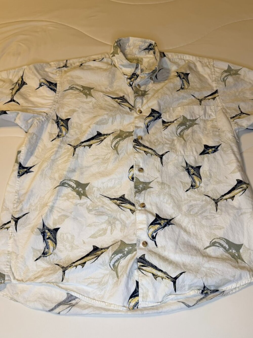 Vintage Crossings Marlin Fishing Shirt S Cream Tropical Nautical 90s